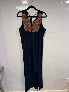 Sleeveless Navy Maxi high low Dress with Embroidered Yoke Fifth and Park